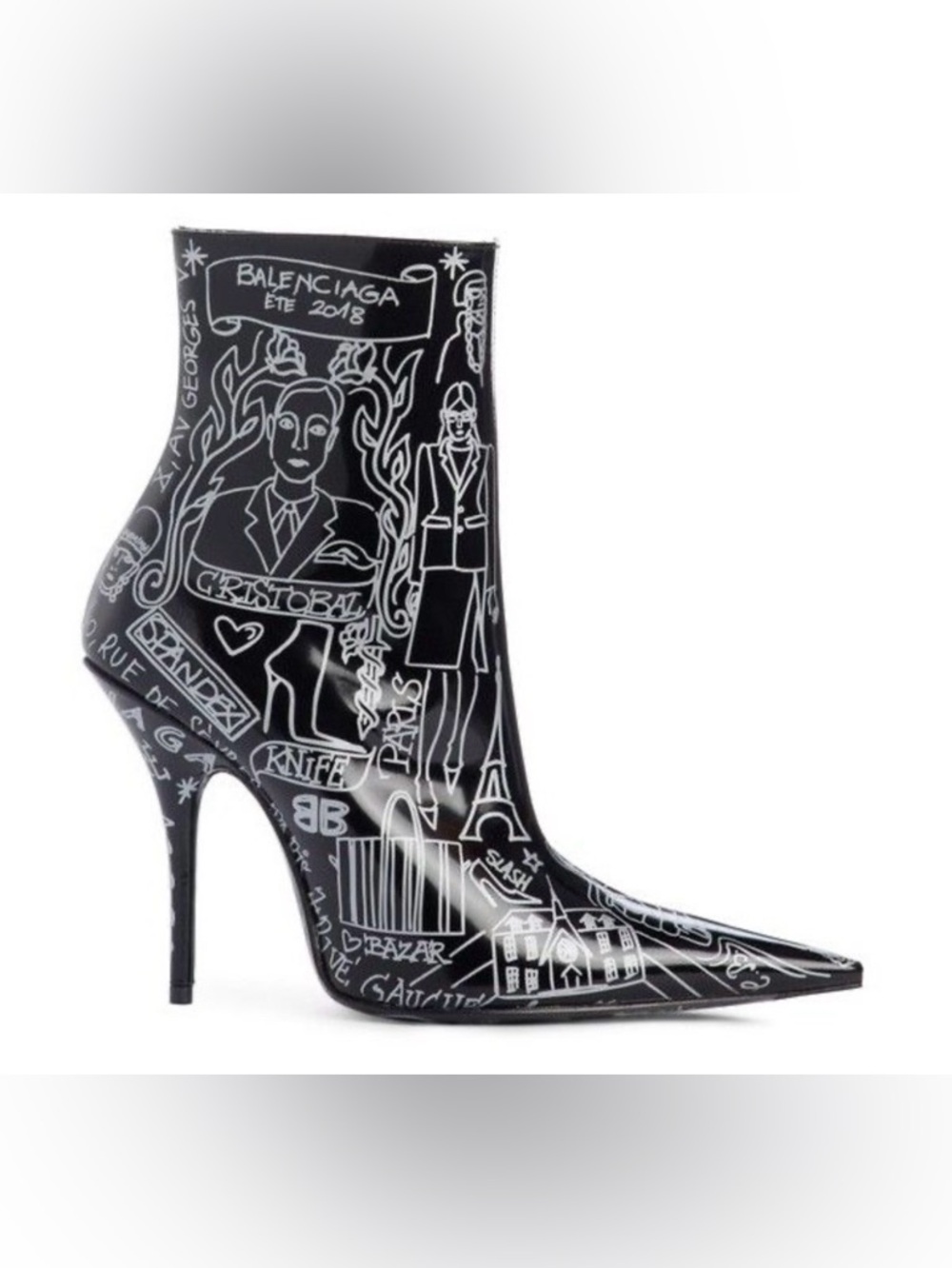 New Beautiful Balenciaga Blk Heeled Boots w/White Graphic Print